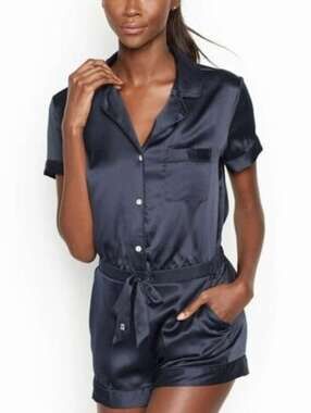 Victoria Secret Women’s Navy Satin Romper Short Sleeve Button Front Belted - S